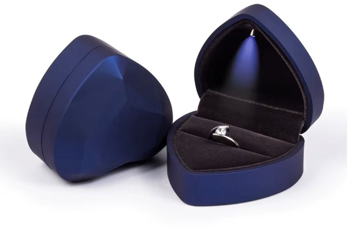 Ring Doosje met LED Licht – Blauw Hart – Voor Huwelijk, Verloving of Valentijnsdag