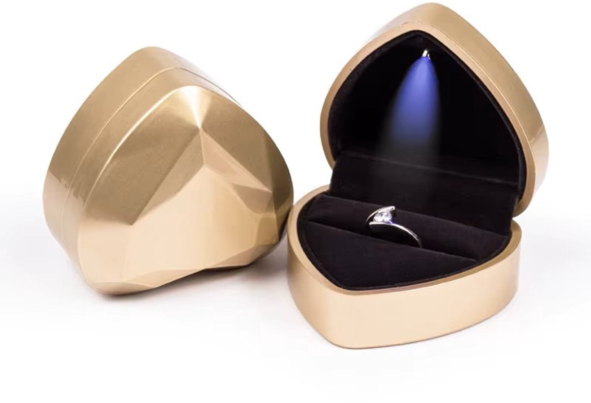 Ring Doosje met LED Licht – Goud Hart – Voor Huwelijk, Verloving of Valentijnsdag