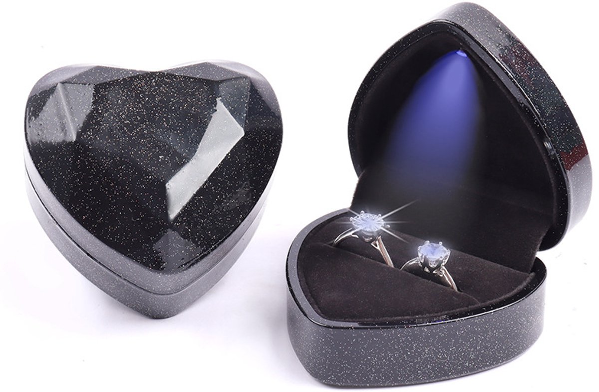 Ring Doosje Hartje met LED Licht – Midnight Sparkle – Voor Huwelijk, Verloving of Valentijnsdag